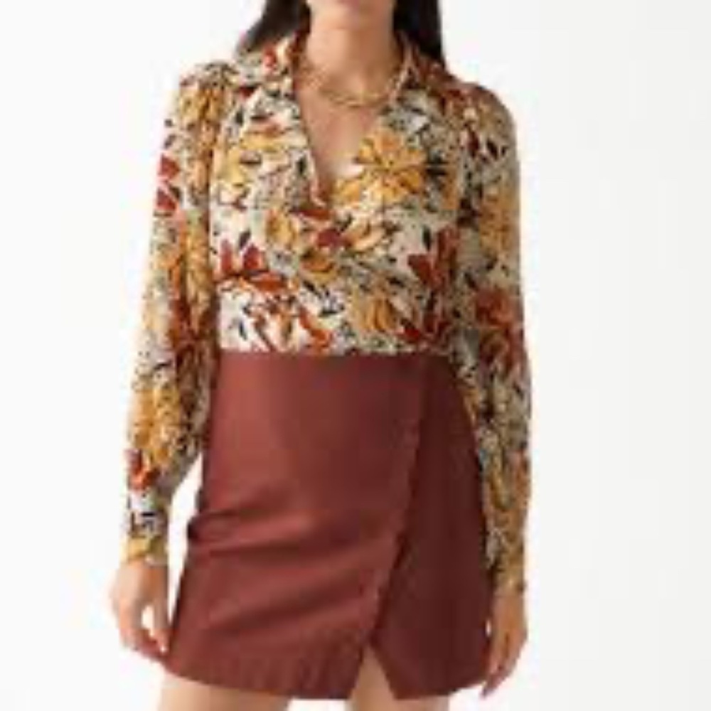 & Other Stories Long Sleeve Wrap Blouse Autumnal Floral Yellow Orange Size 4 NWT